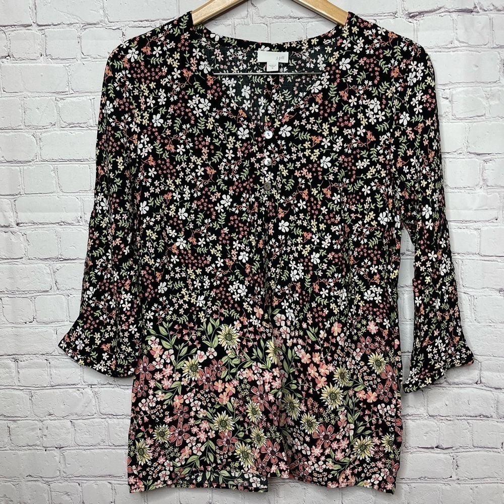 J Jill Popover Tunic Floral Top 3/4 Length Sleeve Medium